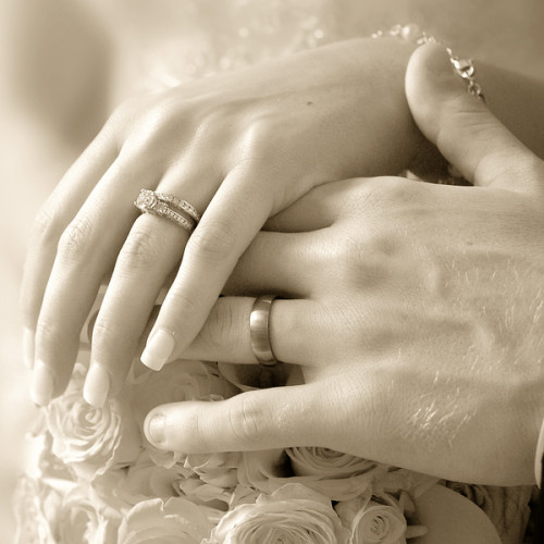 Bride and groom wedding rings