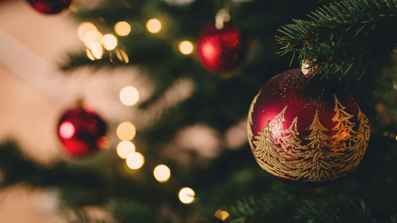 Close-up of a red Christmas ornament with gold tree designs hanging on a Christmas tree
